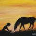 Cavallo e bambino - Il dipinto raffigura un curioso incontro tra un bambino e un cavallo durante uno splendido tramonto.